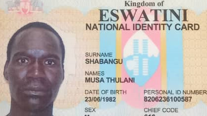 A national identity card of Musa Maphoba Sicwangulane Shabangu (44), who was found hanging from a tree.